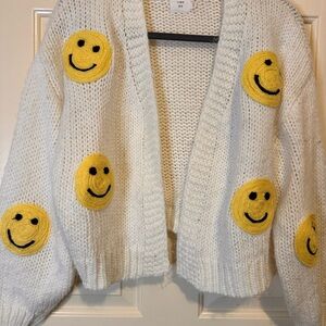 Luna Ivy Knit White Chunky Boho Cardigan with Yellow Smiley Faces